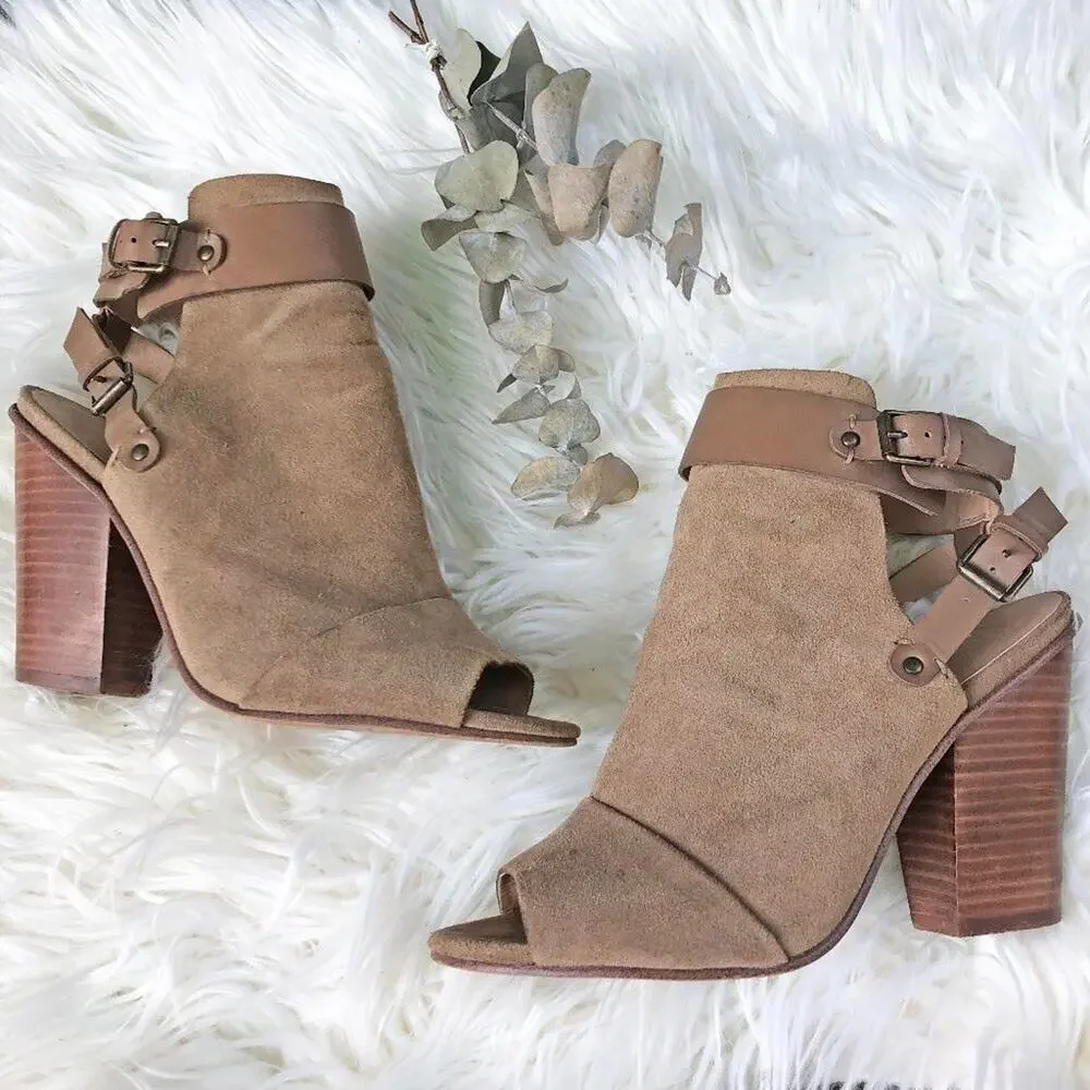 Joes Jeans Shoes Block Heel Ankle Boot Open Toe Double Strap Tobacco Tan 9